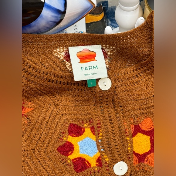 🆕 FARM Rio 🧿 NWOT Brown Crochet Knit Patchwork Button Up Cardigan, Sz L - Picture 13 of 16